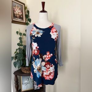 Chris & Carol Navy Blue Floral Striped Top w Elbow Patches sz S